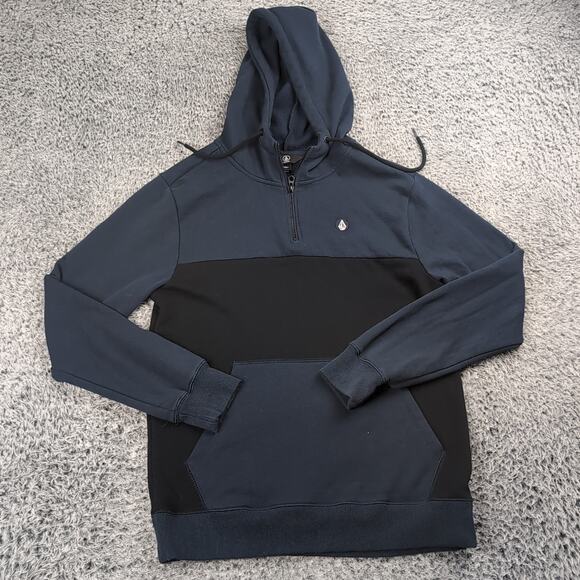 Volcom Hoodie Men Small Blue Black Pullover Sweatshirt 1/4 Zip Skater Outdoor - Picture 1 of 6
